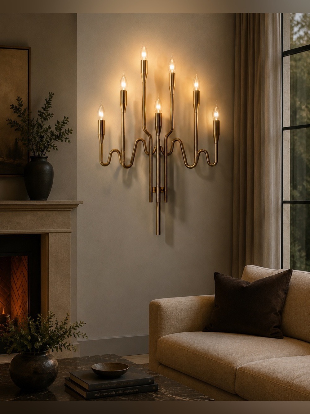 Vintage Brass-Tone Finish 7- Light Wall Chandelier / Wall Sconce • New Old Stock